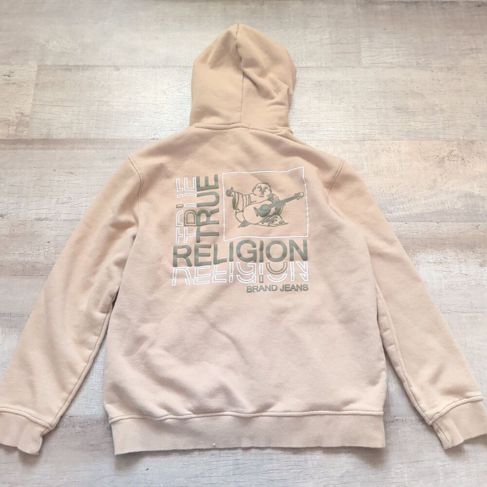 ​True Religion Mens Tan Buddha Logo Full Zip Hoodie Beige Horseshoe SweatshirtM